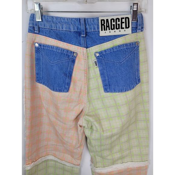 The Ragged Priest Jeans Patchwork Checkered Jeans Lime Green Salmon Blue Sz 26 - Picture 6 of 11